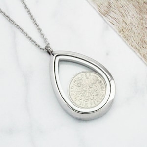 Dates 1928 To 1967 Teardrop Sixpence Locket Necklace