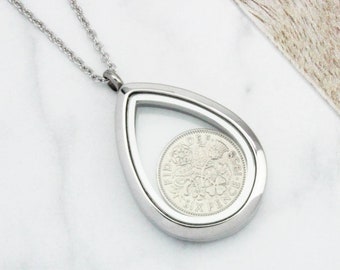 Dates 1928 To 1967 Teardrop Sixpence Locket Necklace