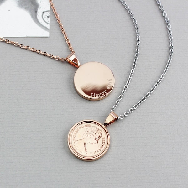 Personalised Rose Gold or Silver Halfpenny Necklace 1971 To 1983