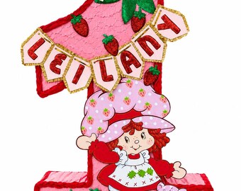 Personalized Strawberry Shortcake Number Piñata, Custom Birthday Piñata, Any Number with Name, Handmade Strawberry Party Decoration