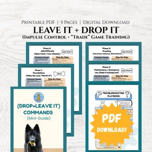 Peut inclure: Un téléchargement numérique d'un guide d'entraînement canin intitulé "Leave It + Drop It". Le guide comprend des commandes, le dépannage et des instructions étape par étape. La couverture montre un chien noir avec une balle jaune dans la gueule.