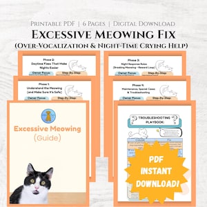 Pode incluir: Guia digital "Excessive Meowing Fix" para ajudar com a vocalização excessiva e o choro noturno em gatos. A imagem apresenta um gato preto e branco. O guia PDF imprimível de 6 páginas oferece etapas para entender e abordar o problema.