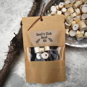 May include: A brown paper bag labeled "Devil's Club Bead Kit" with a clear window showing natural beads. The bag is tied with a brown string and sits next to a thorny branch and a bowl of more beads.