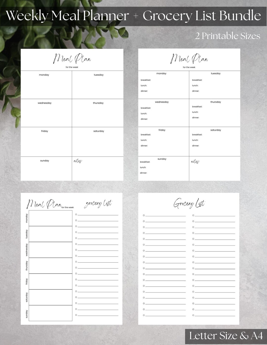 Weekly Meal Planner + Grocery List Bundle Printable, Minimalist Meal ...