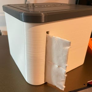 Puede incluir: Una caja de pañuelos rectangular blanca con tapa gris oscuro. La caja tiene una ranura para dispensar pañuelos y se ve una pila de pañuelos. La palabra "Mailbox" está grabada en la tapa.