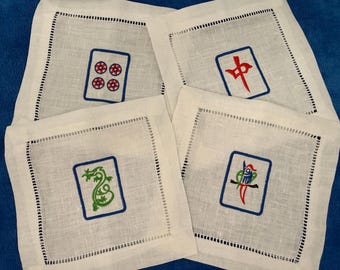 Embroidered Mahjong Cocktail Napkins – White Linen Tile Designs (Set of 4)