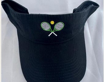 Tennis visor with embroidered crossed racquets and ball  (name optional)