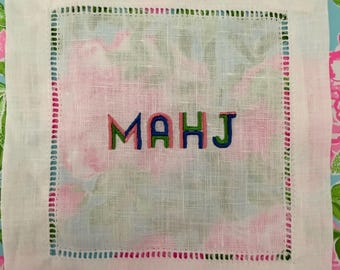 Mahjong cocktail napkin embroidered set - MAHJ design -White Linen