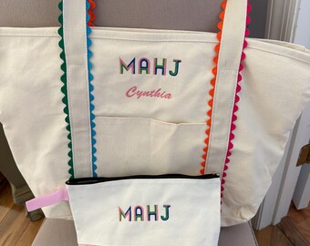 Mahjong embroidered makeup and tote bags