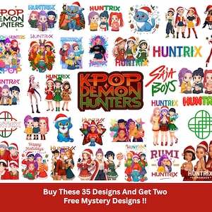 May include: A collection of colorful graphic designs featuring cartoon characters, text that reads "K-POP DEMON HUNTERS", and the word "HUNTRIX". The designs include holiday themes and various character illustrations.