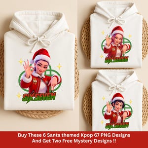 May include: White hooded sweatshirts with a Santa-themed graphic. Each sweatshirt features a cartoon image of a person in a Santa hat and red jacket, with the text "SIX SEVEN" in green. The design includes green circles and yellow stars.