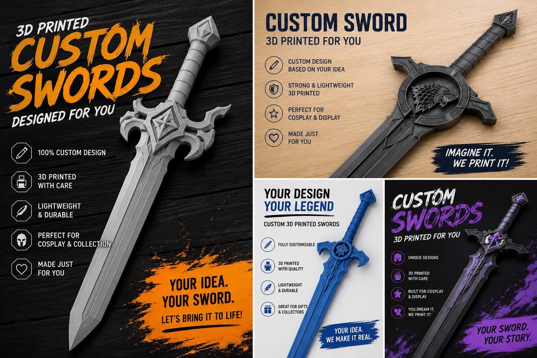 Custom 3D Printed Sword – Personalized Fantasy Cosplay Weapon - Design ...
