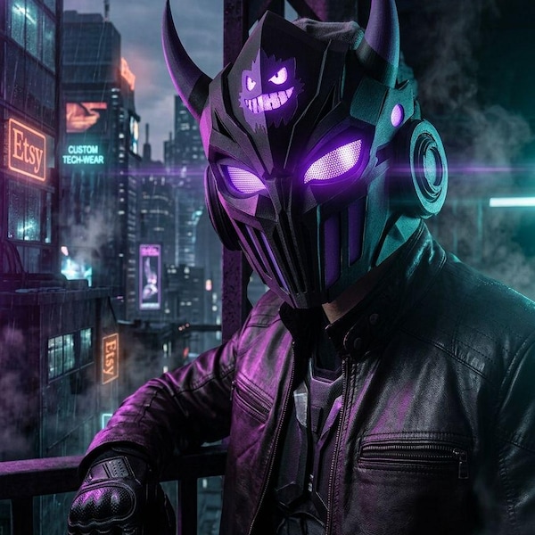 Cyberpunk Oni Maske, Gengar Cosplay Helm, Techwear Shinobi Maske, futuristischer Samurai Helm, tragbare Cyber Oni Maske mit Hörnern
