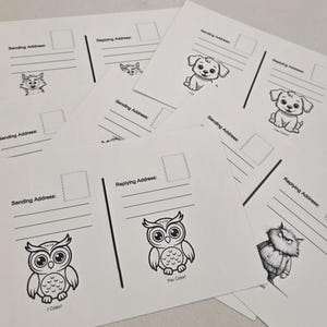 May include: A collection of white postcards with black line drawings of animals, including a fox, puppies, and owls. Each card has spaces for sending and replying addresses, with the text "You Color!" at the bottom of some cards.