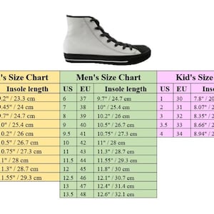 May include: White high-top sneaker with black laces and a black toe cap. Size charts for women, men, and kids are displayed, showing US, EU, and insole length measurements in inches and centimeters.