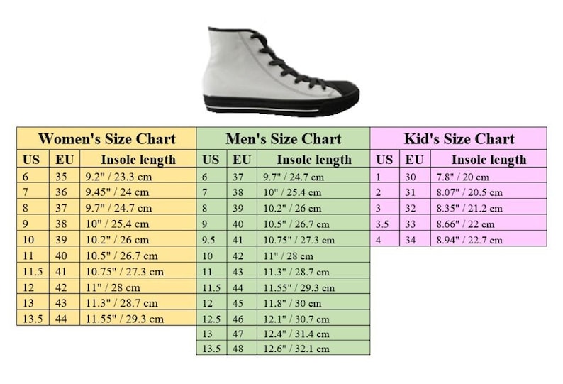 May include: White high-top sneaker with black laces and a black toe cap. Size charts for women, men, and kids are displayed, showing US, EU, and insole length measurements in inches and centimeters.