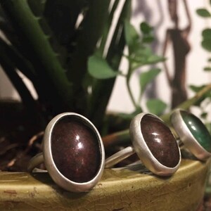 May include: Three rings with oval-shaped stones in shades of brown and green, set in silver bands. The rings are displayed on a green surface, with a blurred background of plants and a silhouette.