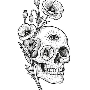 May include: Black and white illustration of a skull with an eye in the forehead and poppy flowers. The detailed drawing features a stylized design with the flowers and leaves intertwined with the skull.