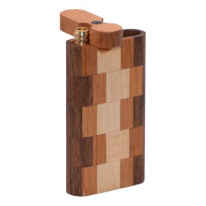 May include: A rectangular wooden dugout box featuring a vertical checkerboard pattern of light, medium, and dark wood tones. The top lid swivels to reveal a small brass metal pipe bowl insert, showcasing a natural wood grain finish throughout.