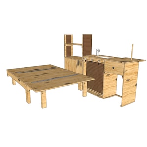 May include: A wooden kitchen island and table set. The island features a sink, pegboard, and shelving. The table is rectangular with a slatted top. Both pieces are made of light-colored wood.