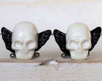 White and Black Skull Cufflinks Skull with Wings Cufflinks Flying Skull Groomsmens gifts Winged Skull Cufflinks