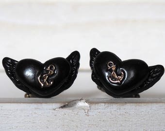 Black Heart Cufflinks Flying Heart Cufflinks Black Angel Wings Tattoo Style Anchor Cufflinks Total black cuff links Heart with wings