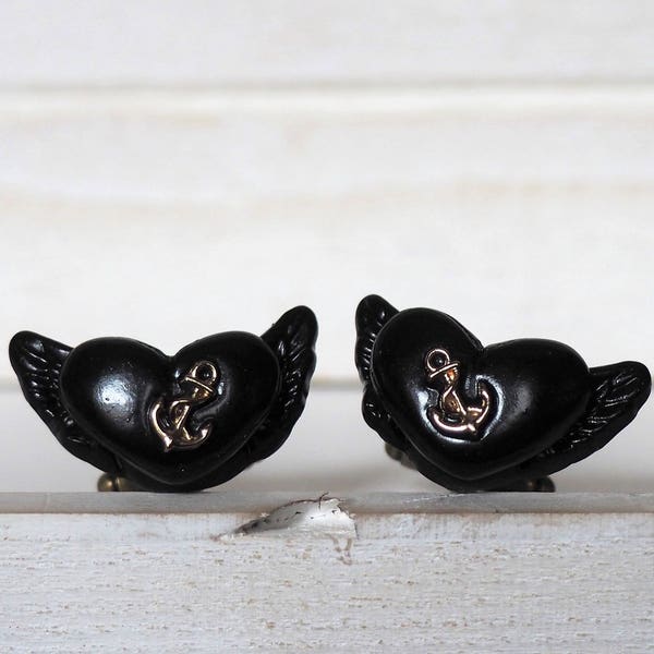 Black Heart Cufflinks Flying Heart Cufflinks Black Angel Wings Tattoo Style Anchor Cufflinks Total black cuff links Heart with wings