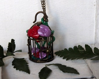 Bird Cage Long Necklace with Handmade Roses Long Chain Rose Bush Necklace