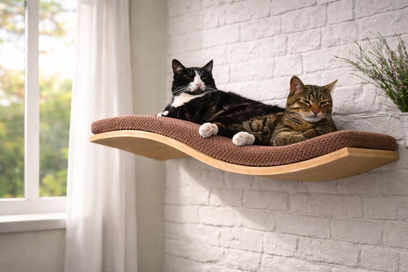 May include: A wooden cat shelf with a brown cushion, mounted on a white brick wall. Two cats, one black and white, the other brown tabby, are resting on the shelf. The shelf has a curved design.