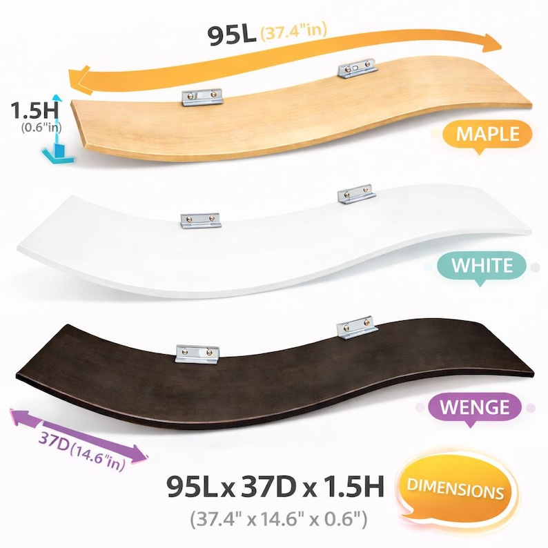 May include: Three wavy wooden shelves in maple, white, and wenge finishes. Each shelf is 95 inches long, 37 inches deep, and 0.6 inches high. The dimensions are displayed with the text "DIMENSIONS". Each shelf has metal mounting brackets.