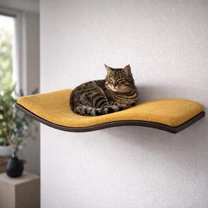 Puede incluir: Un gato atigrado descansa sobre una estantería para gatos de color amarillo mostaza montada en una pared blanca. La estantería tiene un diseño curvo con un borde marrón oscuro. El gato es marrón y negro, con los ojos cerrados.