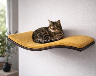 Wall Mounted Cat Shelf with removeable Cushion | Space Saving Cat Perch Bed | Modern Wooden Cat Wall Furniture