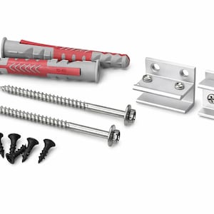May include: Hardware set featuring two red and gray wall anchors, two silver screws with hex heads, two silver brackets with screws, and a set of black screws. The items are arranged on a white background.