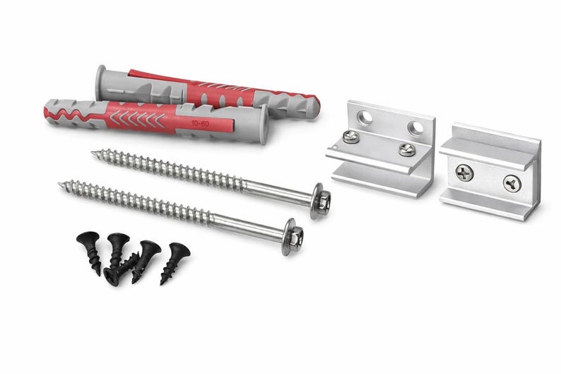 May include: Hardware set featuring two red and gray wall anchors, two silver screws with hex heads, two silver brackets with screws, and a set of black screws. The items are arranged on a white background.