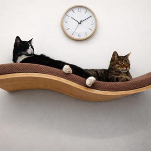 May include: A wooden cat shelf with a brown cushion, mounted on a white wall. Two cats are lounging on the shelf. One cat is black and white, and the other is brown tabby. A round clock hangs above the shelf.