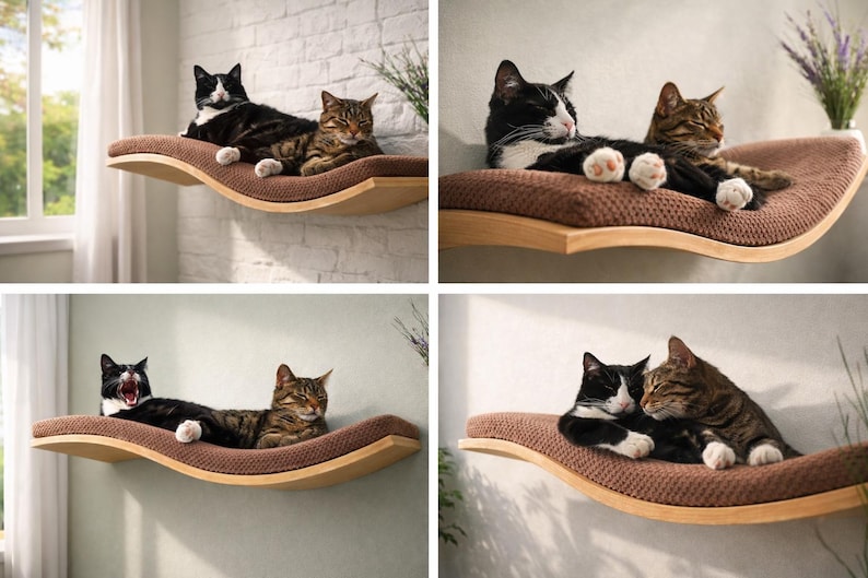 May include: Four images of cats resting on a wall-mounted cat shelf. The shelf has a curved wooden frame and a brown, textured cushion. The cats are black and white, and tabby, in various poses, including lounging and cuddling.