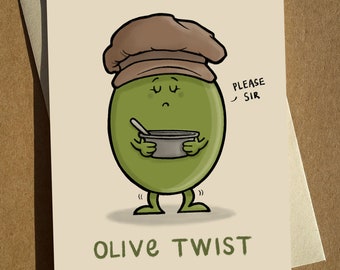 Olive Twist - Greeting Card A6 - Birthday Card - Funny Pun Joke Humour Card - Dickens - Oliver Twist