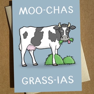 Carte de remerciement A6 Moo-chas Grass-ias - Carte de voeux drôle de jeu de mots de vache