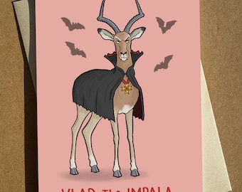 Vlad l'Impala - Vampire Dracula Animal Pun Halloween Carte de vœux A6 - Funny Pun Joke Humour Card