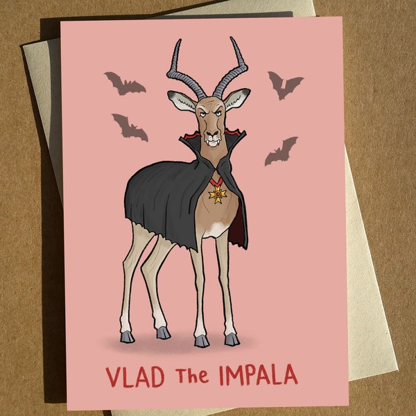 Vlad the Impala - Vampire Dracula Animal Pun Halloween Greeting Card A6 - Funny Pun Joke Humour Card