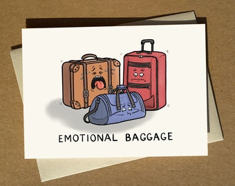 Caricature de bagages émotionnel Pun Carte de vœux A6 | Carte d'anniversaire drôle | Carte de voyage | Quitter la carte de travail | Carte d'adieu