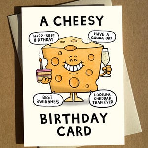 Carte d'anniversaire A6 calembour au fromage | carte d'anniversaire ringard | Jeu de mots de dessin animé | Carte Humour