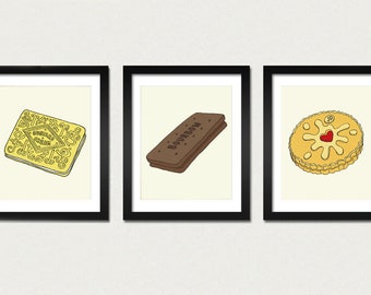 The Biscuit Triptych - Set of 3 x Signed Art Prints (Custard Cream, Bourbon, Jammy Dodger)