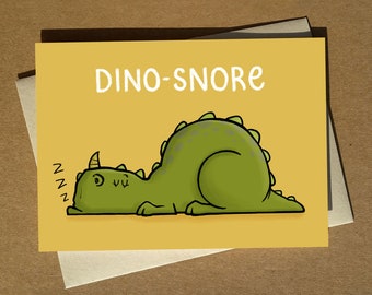 Funny Dinosaur Birthday Card: Dino-snore Pun Greeting Card