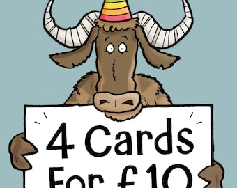 4 for 10! Any Four Cards for Ten Pounds. Group Discount. Pick and Mix. Card Bundle. Bulk Order.