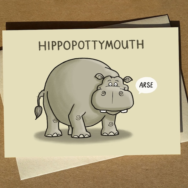 Hippo Curse Swear Pun Greeting Card A6 | Funny Birthday Card | Cartoon Pun Card | Animal Card | Humour Card | Rude Card