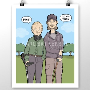 Può includere: Un'illustrazione a fumetti di due uomini in piedi in un campo. Un uomo tiene un metal detector e l'altro un bastone da passeggio. L'uomo con il metal detector dice "Pub?" e l'uomo con il bastone da passeggio dice "Vai allora".
