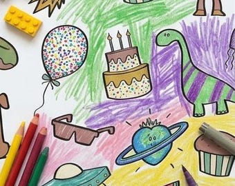 May include: A white sheet of paper featuring colorful hand-drawn illustrations of a rocket, cupcake, robot, balloon, birthday cake, dinosaur, glasses, planet with rings, and watermelon slice, surrounded by scattered plastic building blocks and pencils.