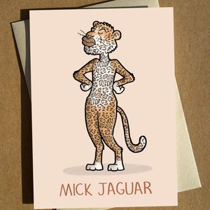 Carte d'anniversaire A6 avec jeu de mots dessin animé Mick Jaguar - Carte de voeux drôle Mick Jagger Rolling Stones musique humour