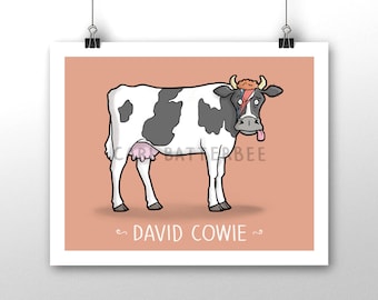 David Bowie Cow Pun ondertekend cartoon illustratie Kunstafdruk